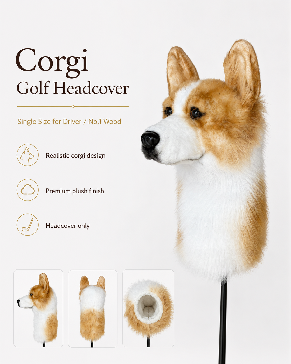 Corgi Golf Driver Headcover, Plush Dog Club Cover for No.1 Wood