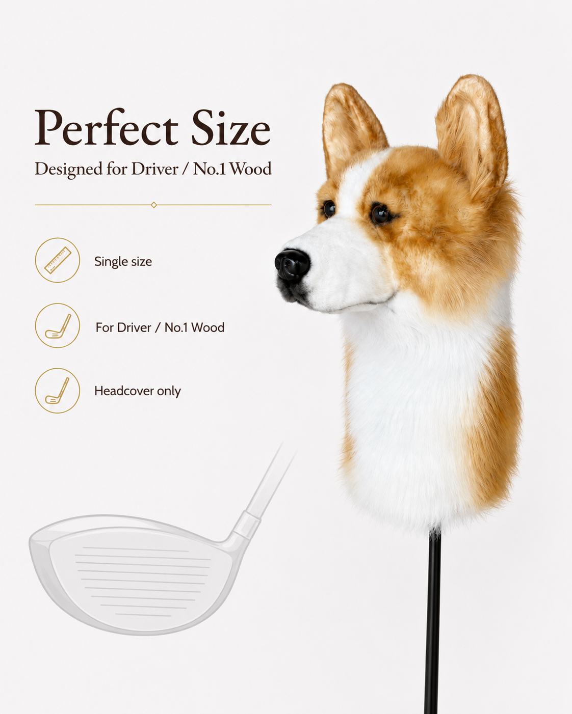 Corgi Golf Driver Headcover, Plush Dog Club Cover for No.1 Wood