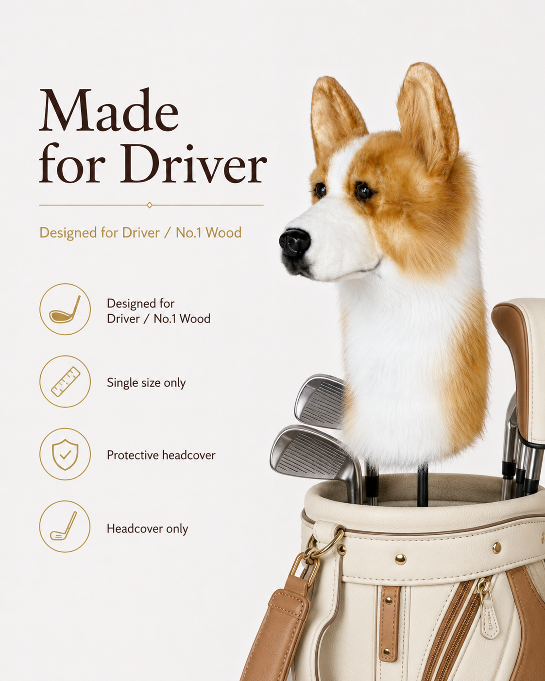 Corgi Golf Driver Headcover, Plush Dog Club Cover for No.1 Wood