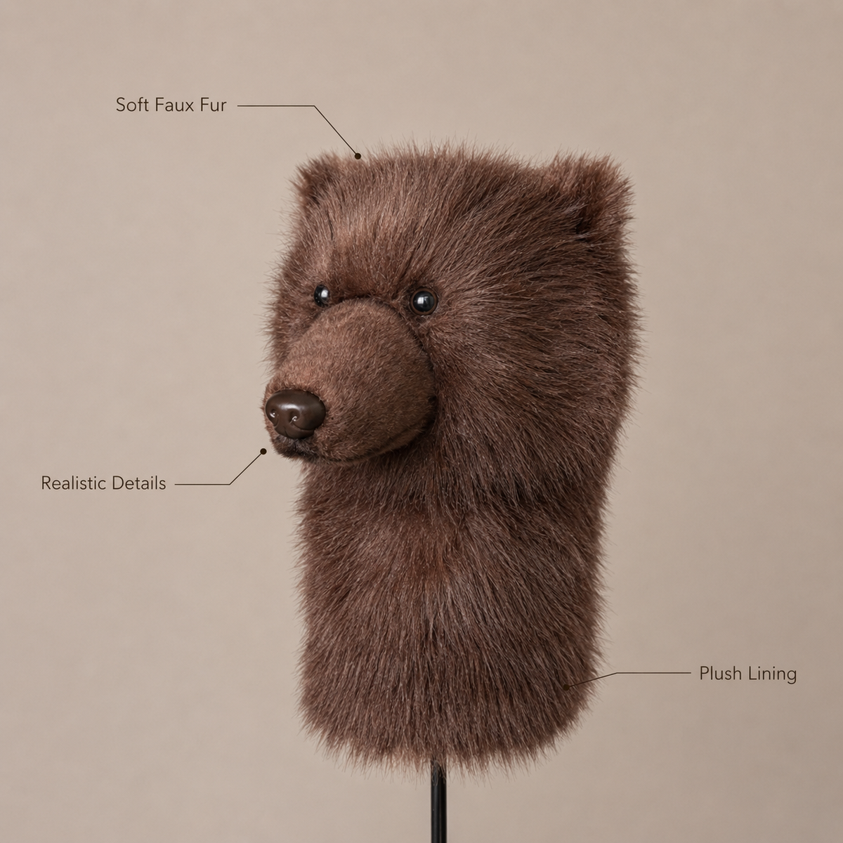 Brown Bear Golf Headcover, Plush Animal Driver Cover, Realistic Faux Fur Golf Club Cover